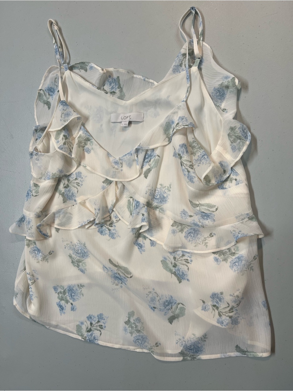 LOFT Women’s Large Blue Floral Ruffle Sleeveless Blouse Top